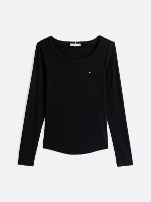 zwart slim fit longsleeve t-shirt met ribtextuur voor dames - tommy hilfiger