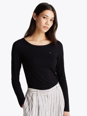 black slim fit longsleeve t-shirt met ribtextuur voor dames - tommy hilfiger