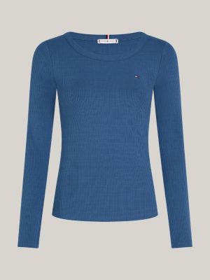 camiseta slim acanalada de manga larga azul de mujeres tommy hilfiger