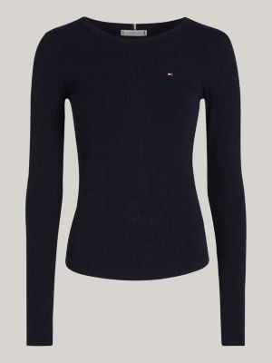 blue ribbed long sleeve slim t-shirt for women tommy hilfiger