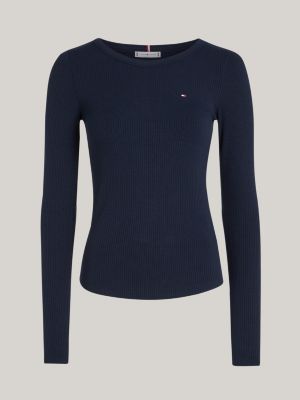 blue ribbed long sleeve slim t-shirt for women tommy hilfiger