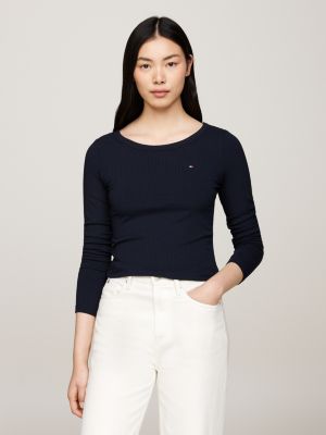 blue ribbed long sleeve slim t-shirt for women tommy hilfiger