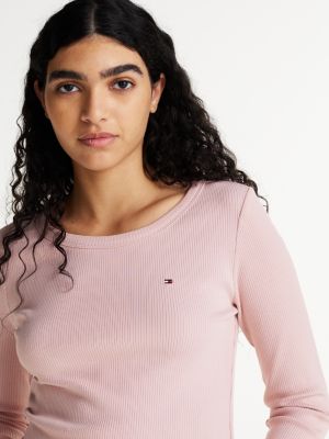 pink ribbed long sleeve slim t-shirt for women tommy hilfiger