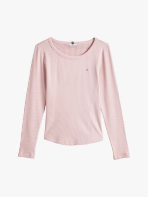 t-shirt slim fit a coste e maniche lunghe rosa da donne tommy hilfiger