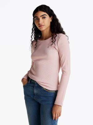 pink ribbed long sleeve slim t-shirt for women tommy hilfiger