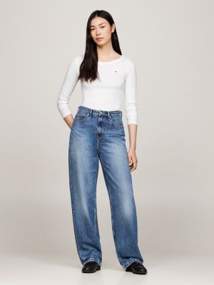 white ribbed long sleeve slim t-shirt for women tommy hilfiger