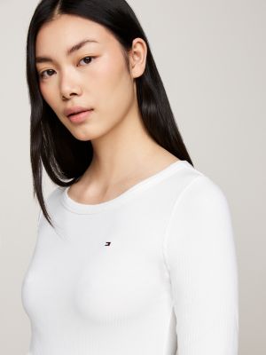 t-shirt ajusté et côtelé à manches longues blanc pour femmes tommy hilfiger