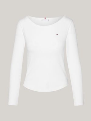 t-shirt ajusté et côtelé à manches longues blanc pour femmes tommy hilfiger