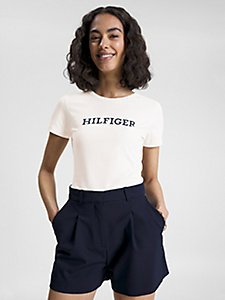 t-shirt ajusté à monotype hilfiger beige pour femmes tommy hilfiger