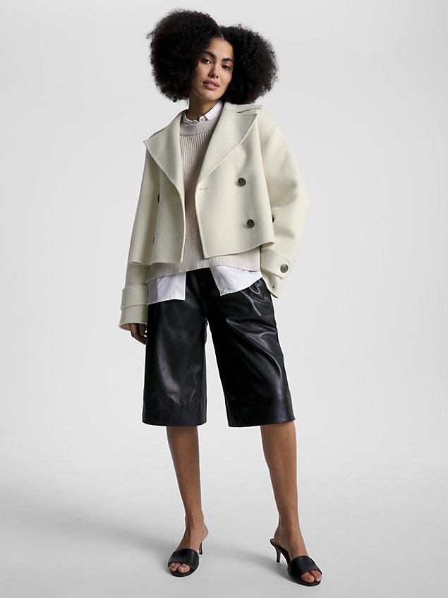 beige colour-blocked relaxed fit peacoat for women tommy hilfiger