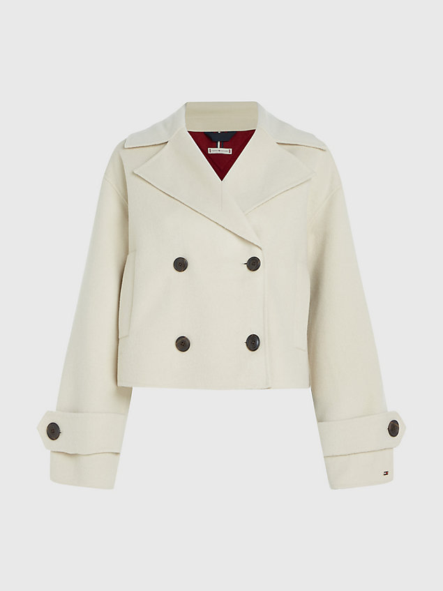 beige colour-blocked relaxed fit peacoat for women tommy hilfiger