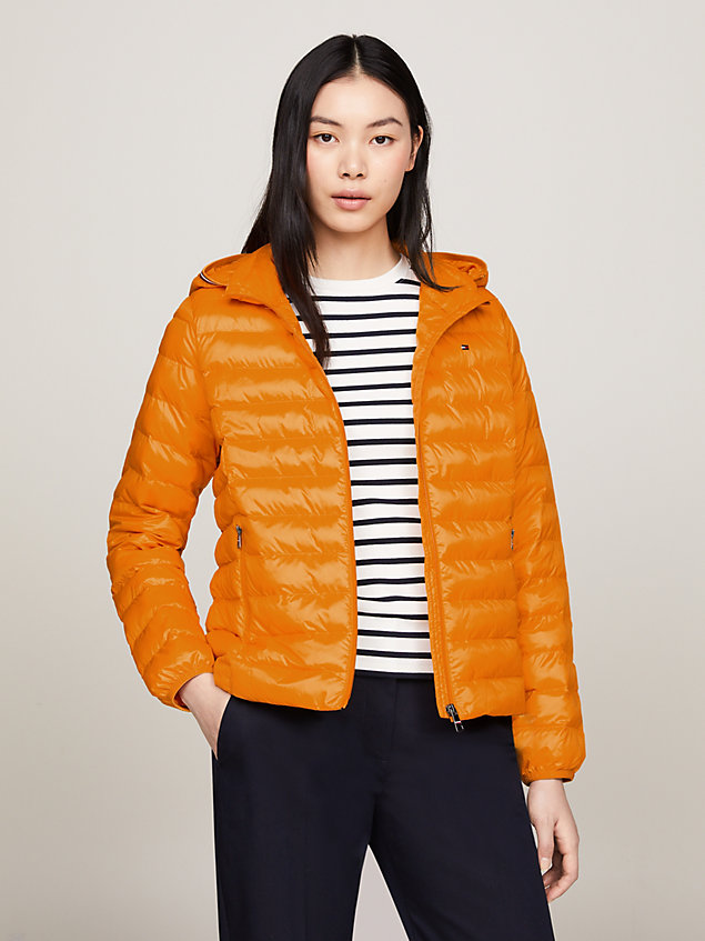 orange global stripe water repellent lightweight padded jacket for women tommy hilfiger