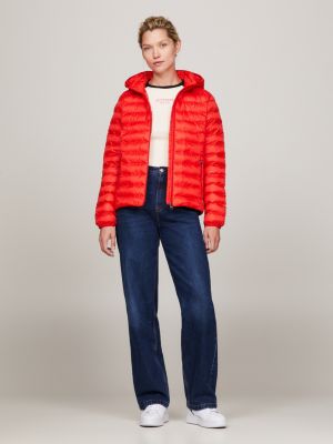 Global Stripe Down Puffer Coat In Red