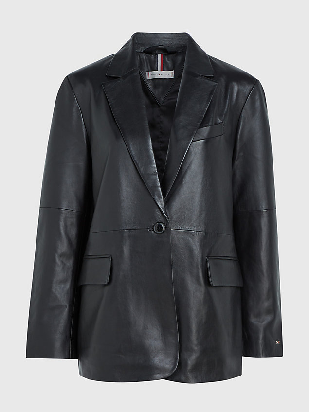 black leather boxy single breasted blazer for women tommy hilfiger