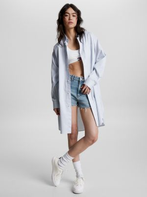 blauw tommy hilfiger x shawn mendes gestreepte overhemdjurk voor dames - tommy hilfiger