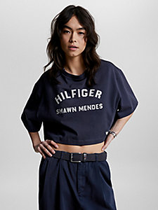 blue tommy hilfiger x shawn mendes relaxed cropped t-shirt for women tommy hilfiger