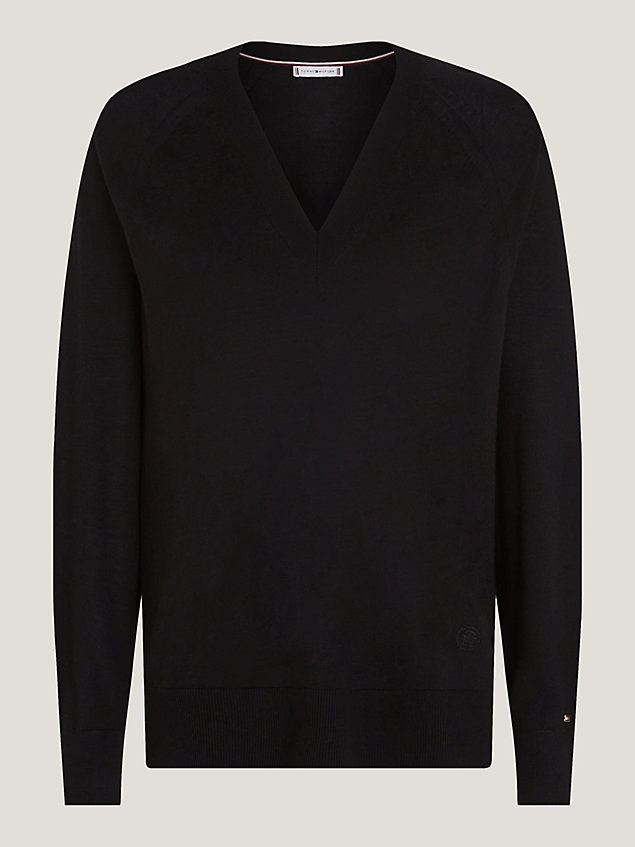 black relaxed trui van merinowol met v-hals voor dames - tommy hilfiger