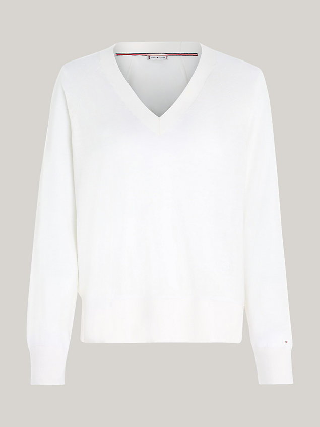 white luźny wełniany sweter z dekoltem w szpic dla kobiety - tommy hilfiger