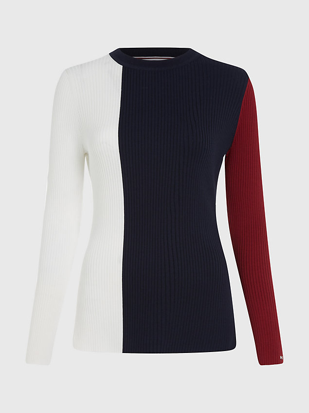 blue colour-blocked rib-knit jumper for women tommy hilfiger