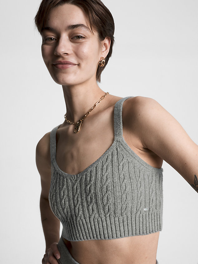 grey cable knit crop top for women tommy hilfiger