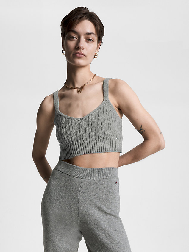 grey cable knit crop top for women tommy hilfiger