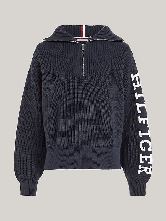 blue relaxed fit trui met halve rits voor dames - tommy hilfiger