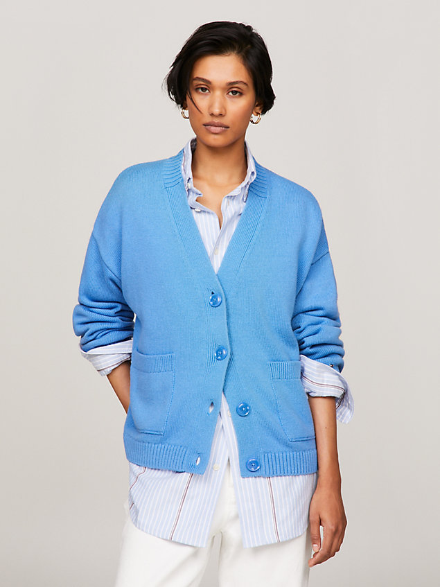 blue oversized v-neck cardigan for women tommy hilfiger