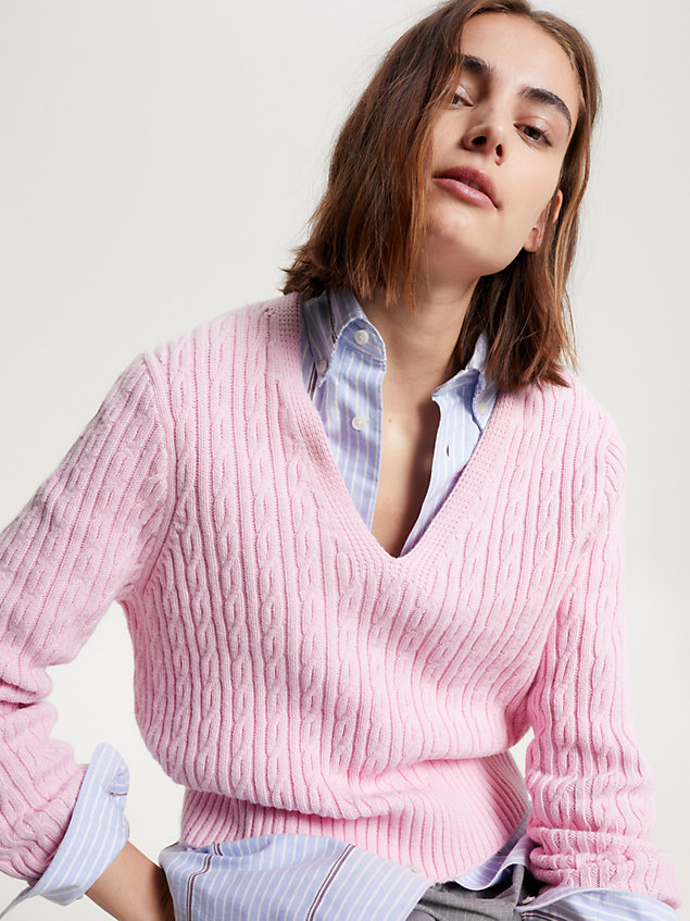 pink cable knit v-neck jumper for women tommy hilfiger