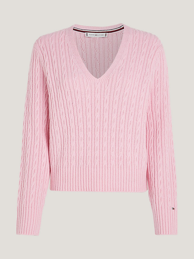 pink cable knit v-neck jumper for women tommy hilfiger