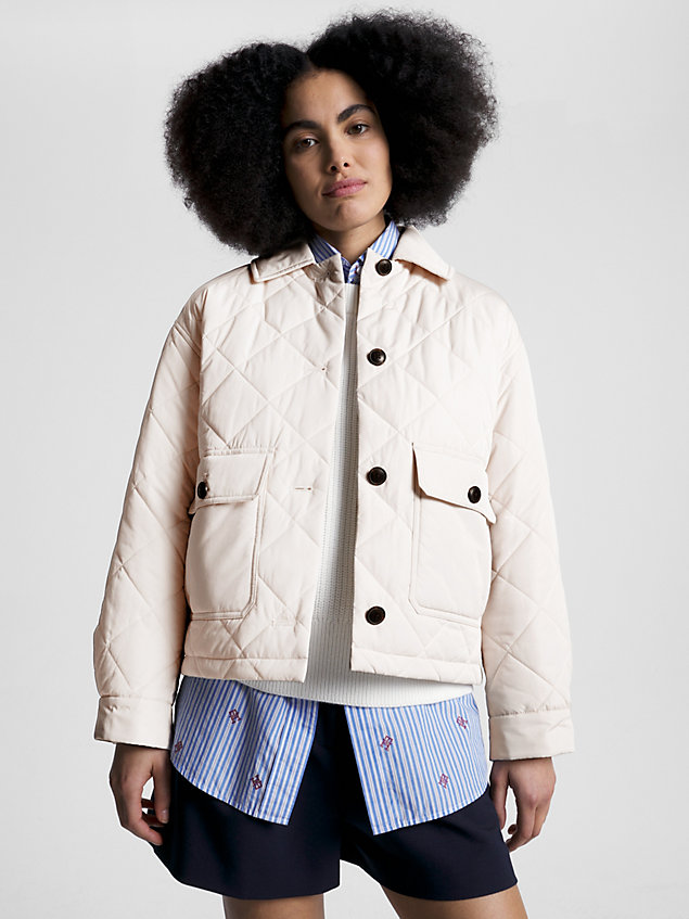 beige padded diamond quilted jacket for women tommy hilfiger