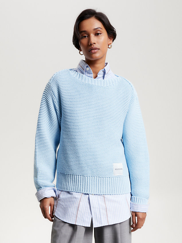 blue textured weave relaxed fit jumper for women tommy hilfiger