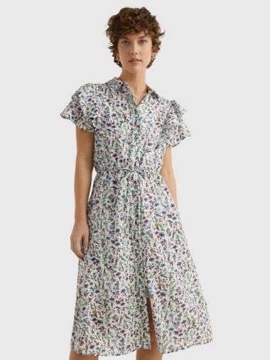 Coastal Floral Print Midi Shirt Dress