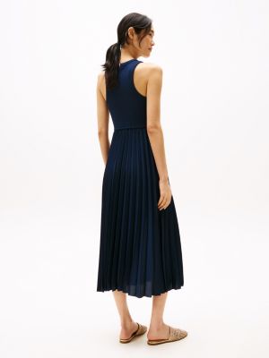 blauw mouwloze midi-jurk met plooien voor dames - tommy hilfiger