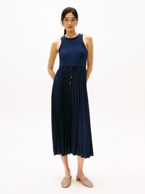 blue ärmelloses midi-kleid mit plissee-falten für damen - tommy hilfiger