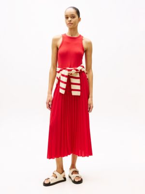 red mouwloze midi-jurk met plooien voor dames - tommy hilfiger