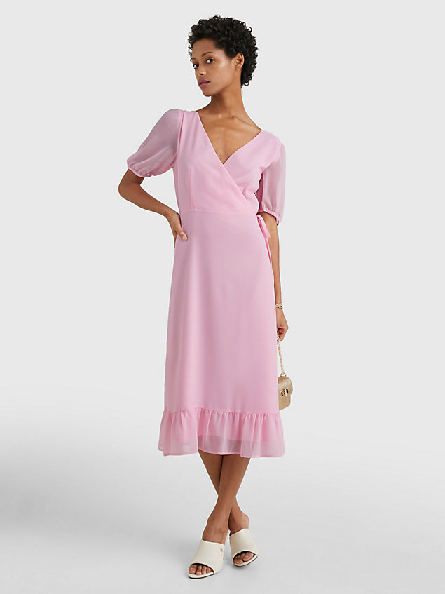 pink crepe georgette midi wrap dress for women tommy hilfiger