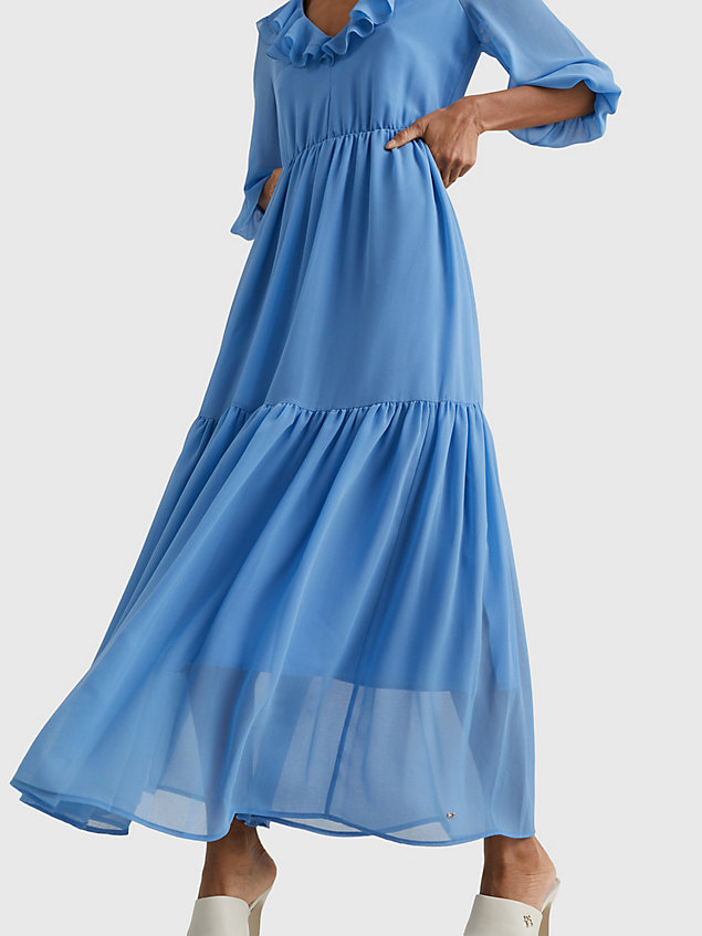blue maxi fit and flare jurk met ruches voor dames - tommy hilfiger