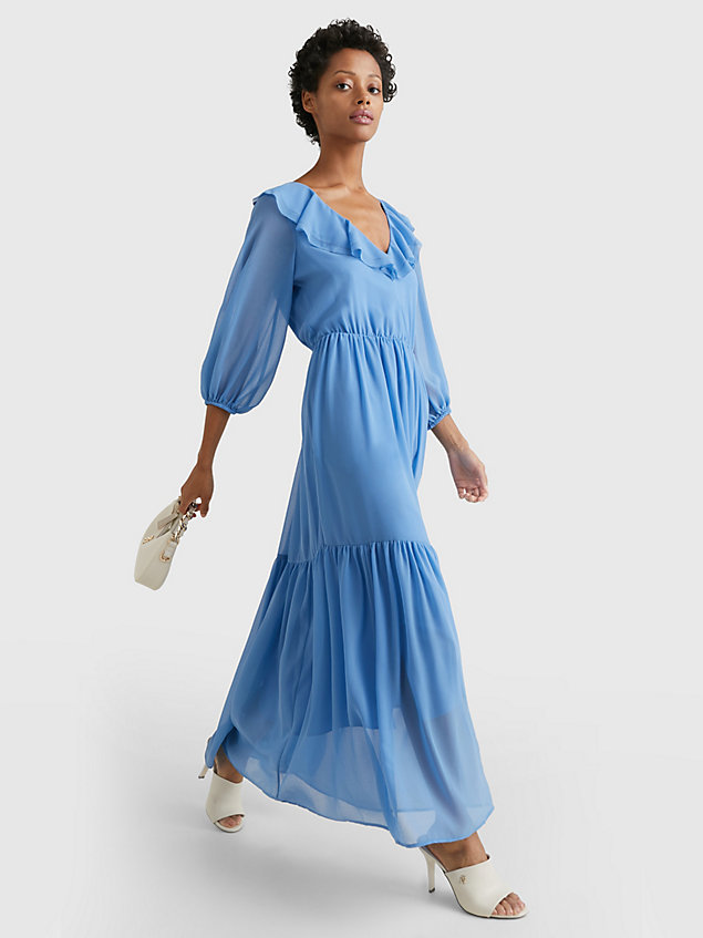 blue maxi fit and flare jurk met ruches voor dames - tommy hilfiger