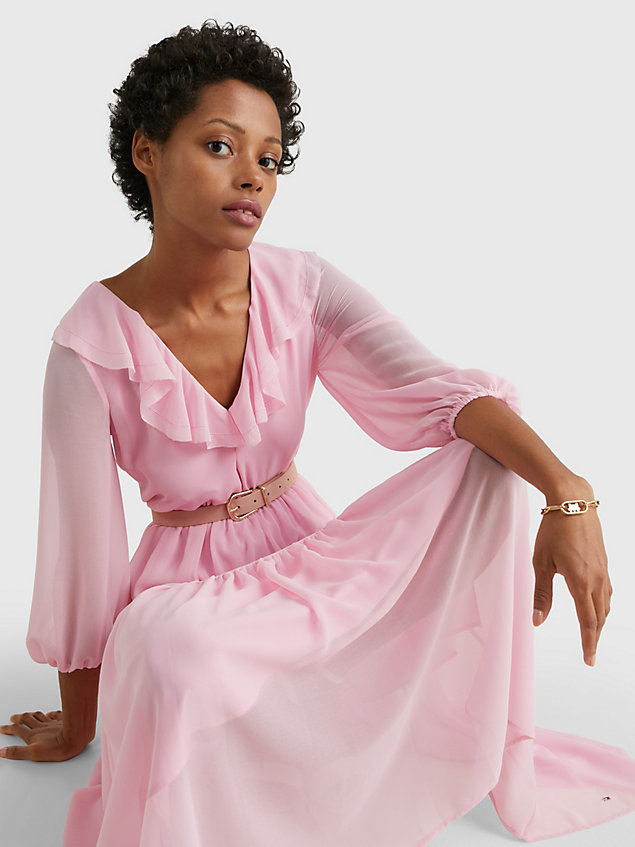 pink frilled fit and flare maxi dress for women tommy hilfiger