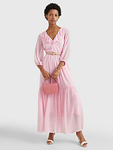różowy rozkloszowana sukienka maxi z falbaną dla kobiety - tommy hilfiger