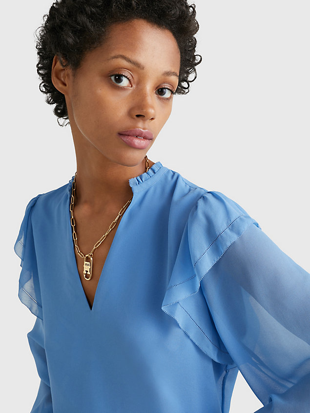blue v-neck frill blouse for women tommy hilfiger