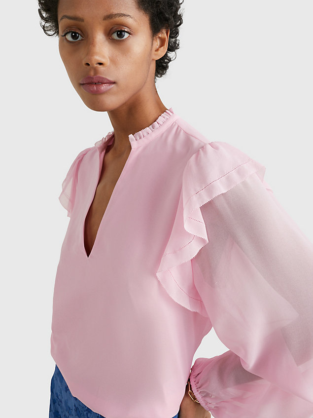 pink v-neck frill blouse for women tommy hilfiger