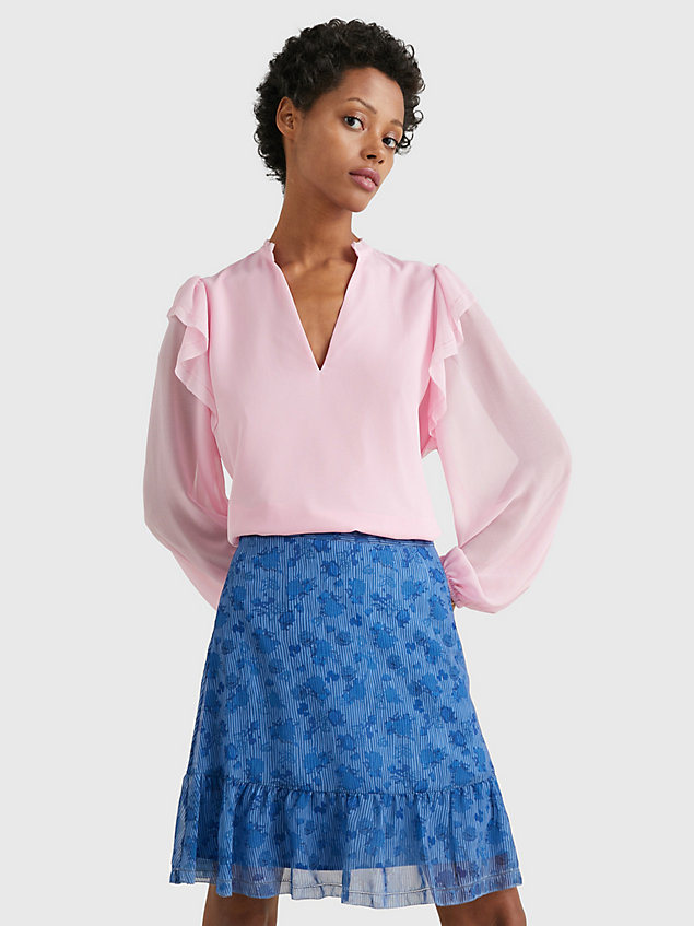 pink v-neck frill blouse for women tommy hilfiger