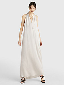 beige satin halter neck relaxed maxi dress for women tommy hilfiger