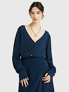 blouse décontractée à col en v bleu pour femmes tommy hilfiger