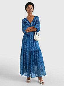 blau fit-and-flare-maxikleid mit blumen-print für damen - tommy hilfiger
