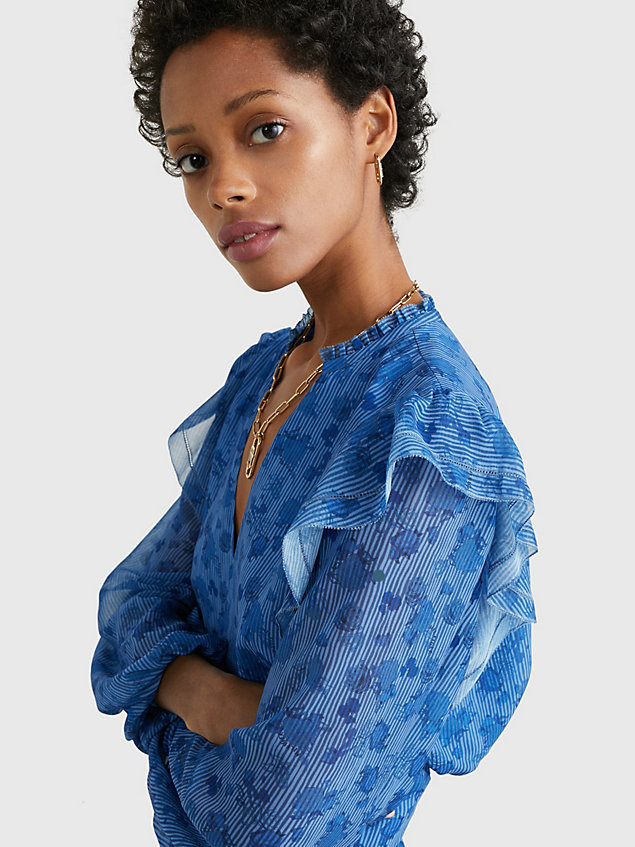 blue floral frilled v-neck blouse for women tommy hilfiger