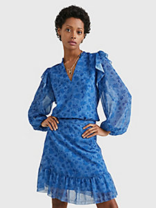 синий узорчатая блузка с v-образным вырезом и оборками для женщины - tommy hilfiger
