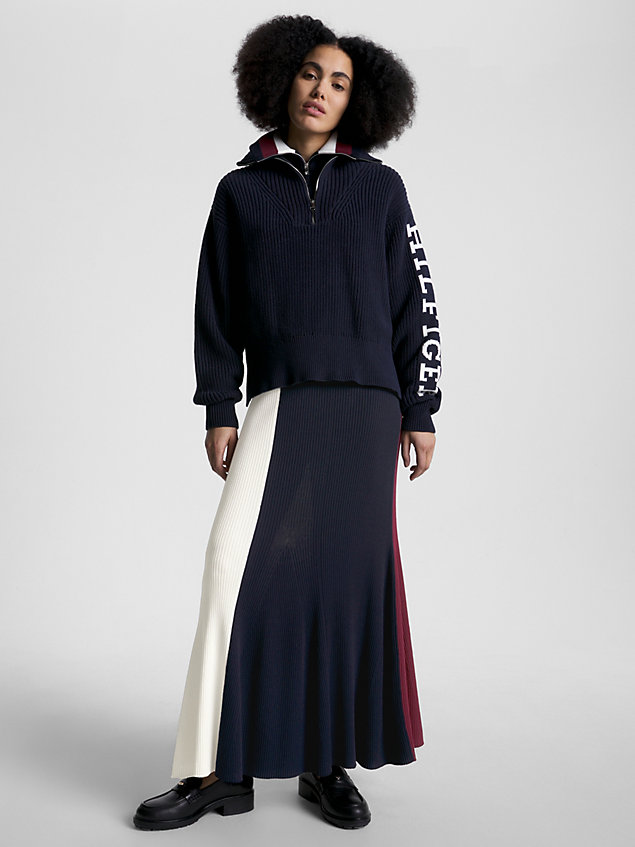 blue colour-blocked fit and flare maxirok voor dames - tommy hilfiger