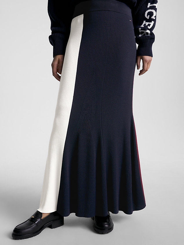 blue colour-blocked fit and flare maxi skirt for women tommy hilfiger